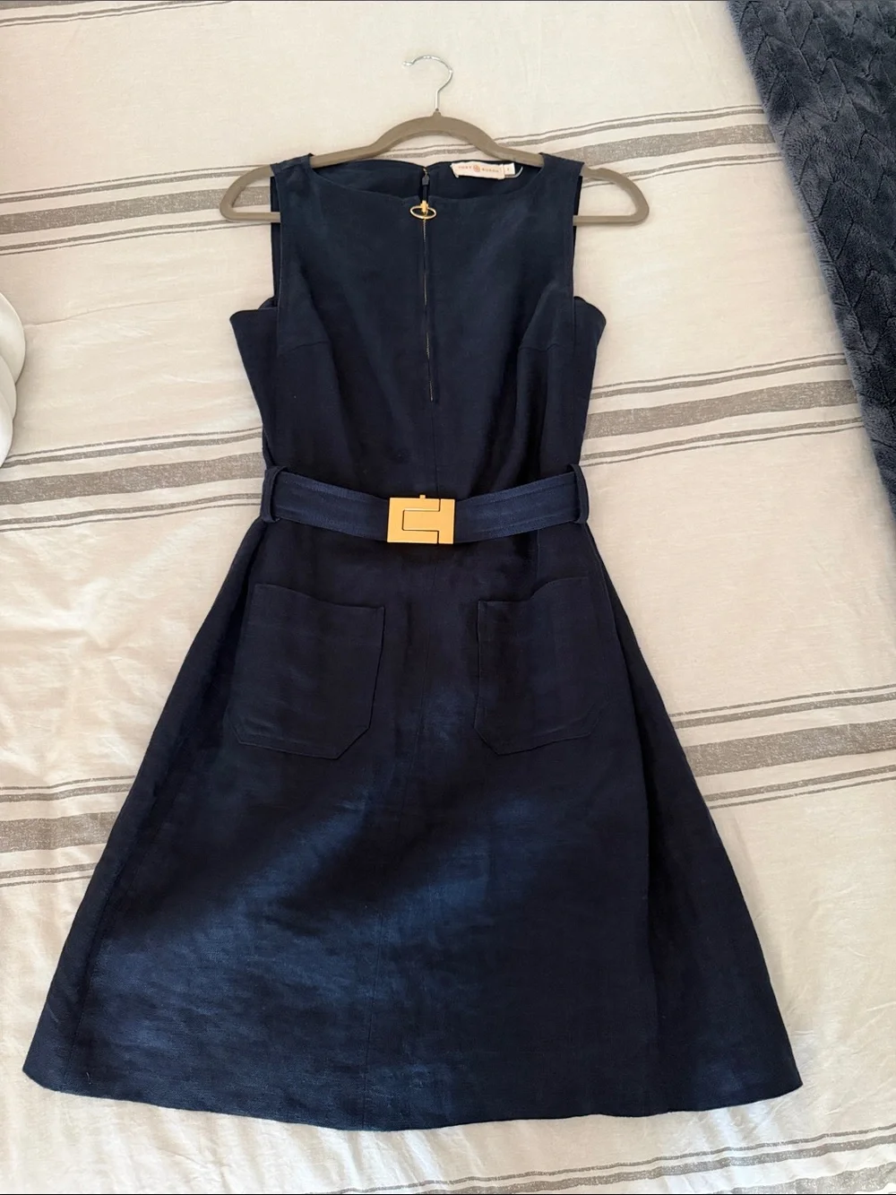 Sleeveless Navy A-Line Dress with Belt